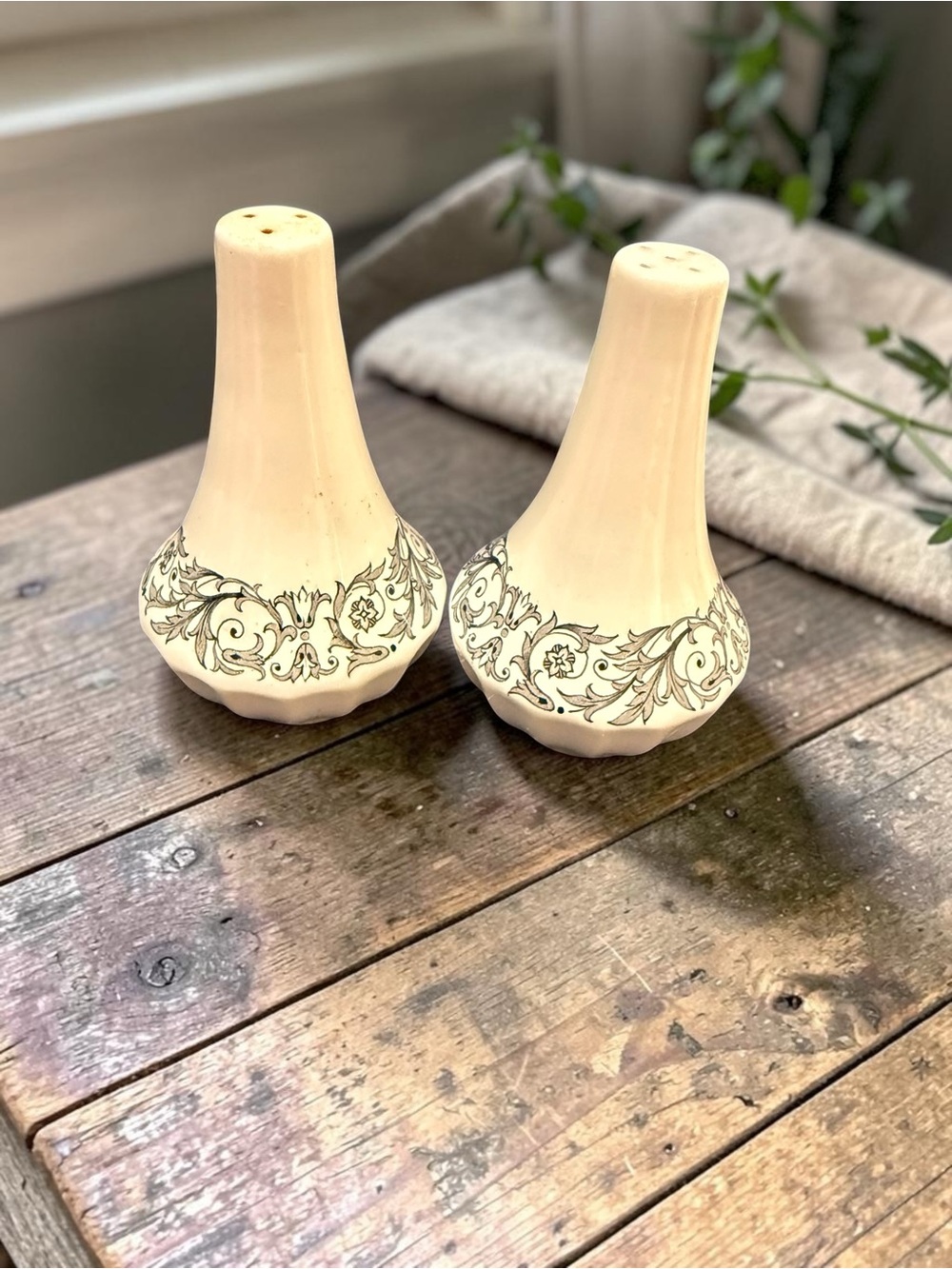 J&G Meakin Cream ceramic salt and pepper shakers with dark floral transferware.
